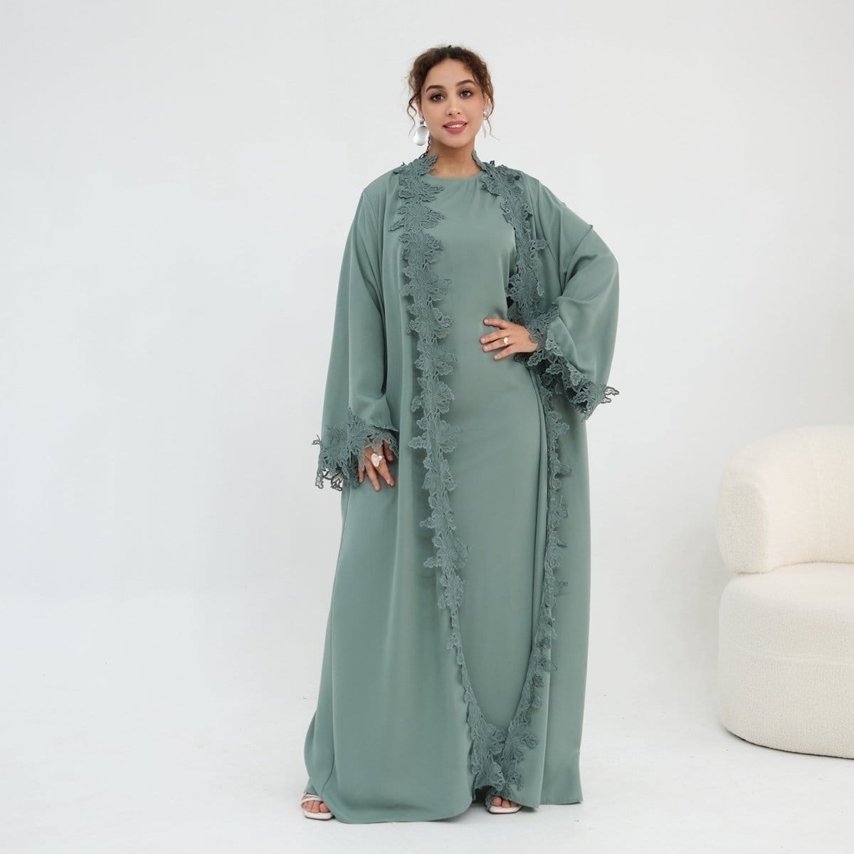 Floral Lace Trim Open Abaya & Sleeveless Inner Dress Set(MOA312) - A-1 Thread Vault