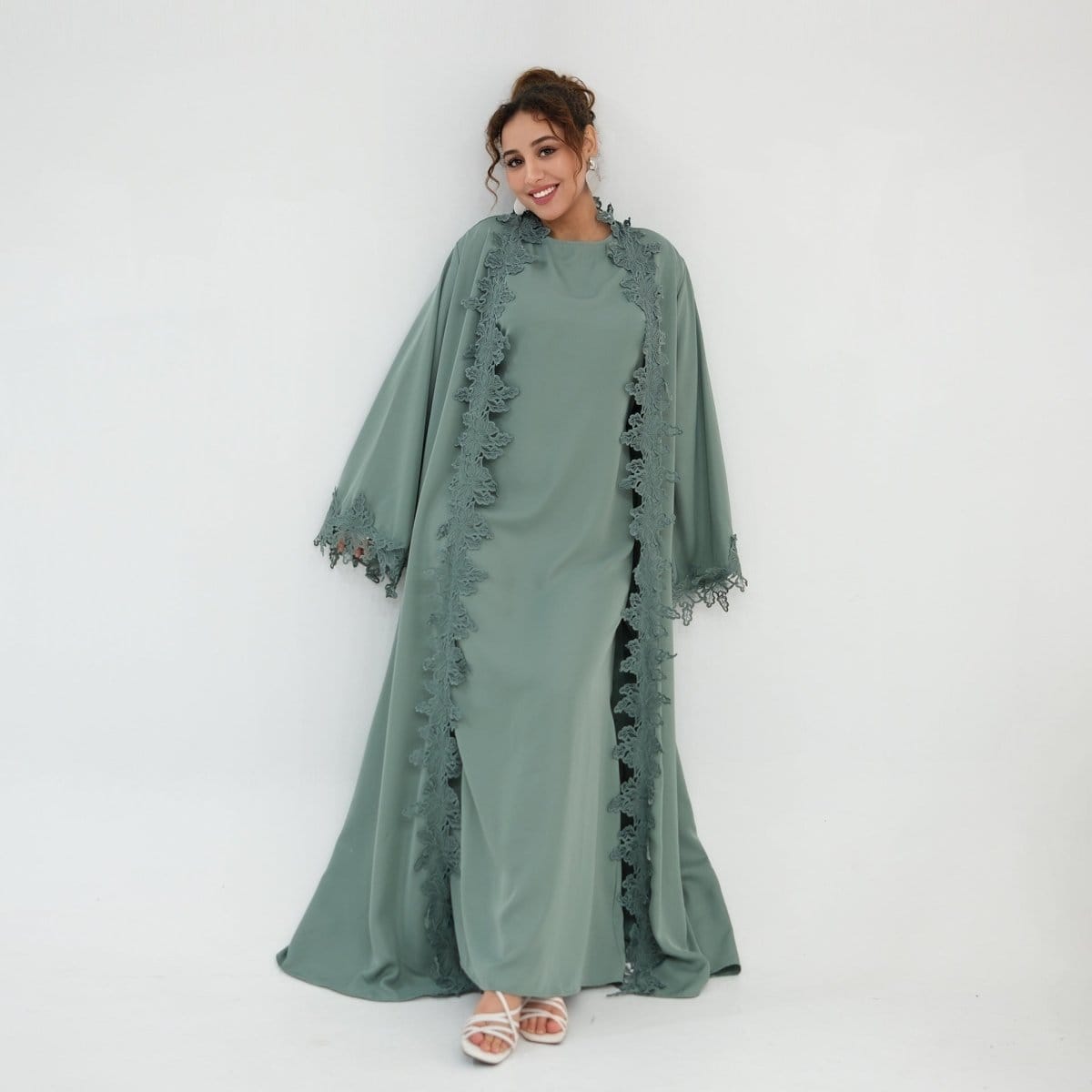 Floral Lace Trim Open Abaya & Sleeveless Inner Dress Set(MOA312) - A-1 Thread Vault