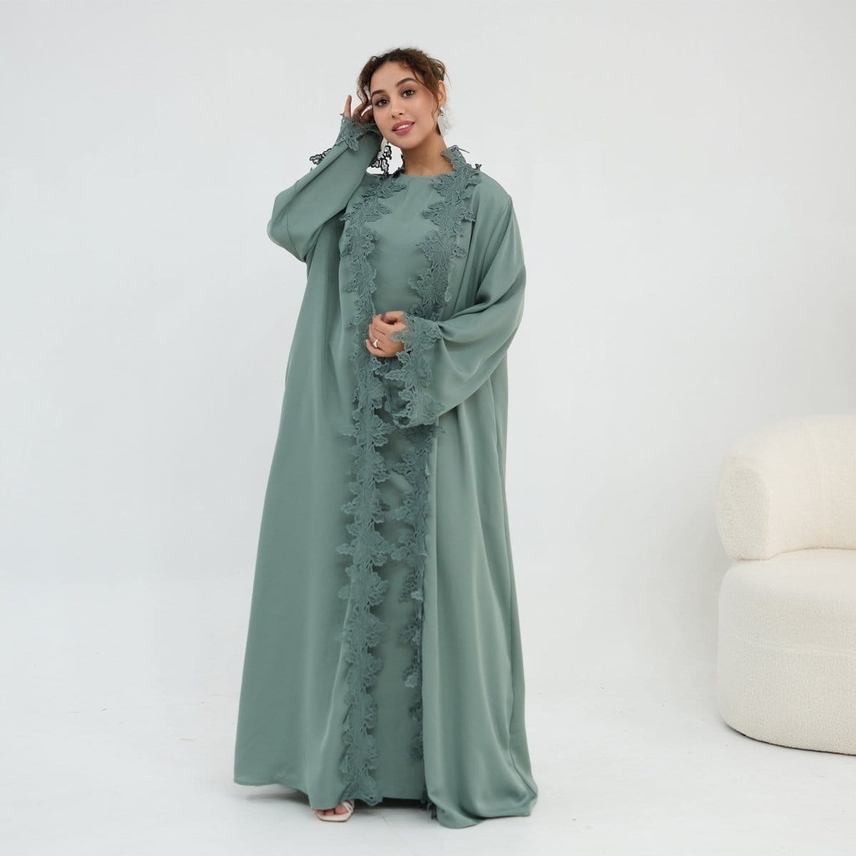 Floral Lace Trim Open Abaya & Sleeveless Inner Dress Set(MOA312) - A-1 Thread Vault