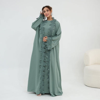 Floral Lace Trim Open Abaya & Sleeveless Inner Dress Set(MOA312) - A-1 Thread Vault