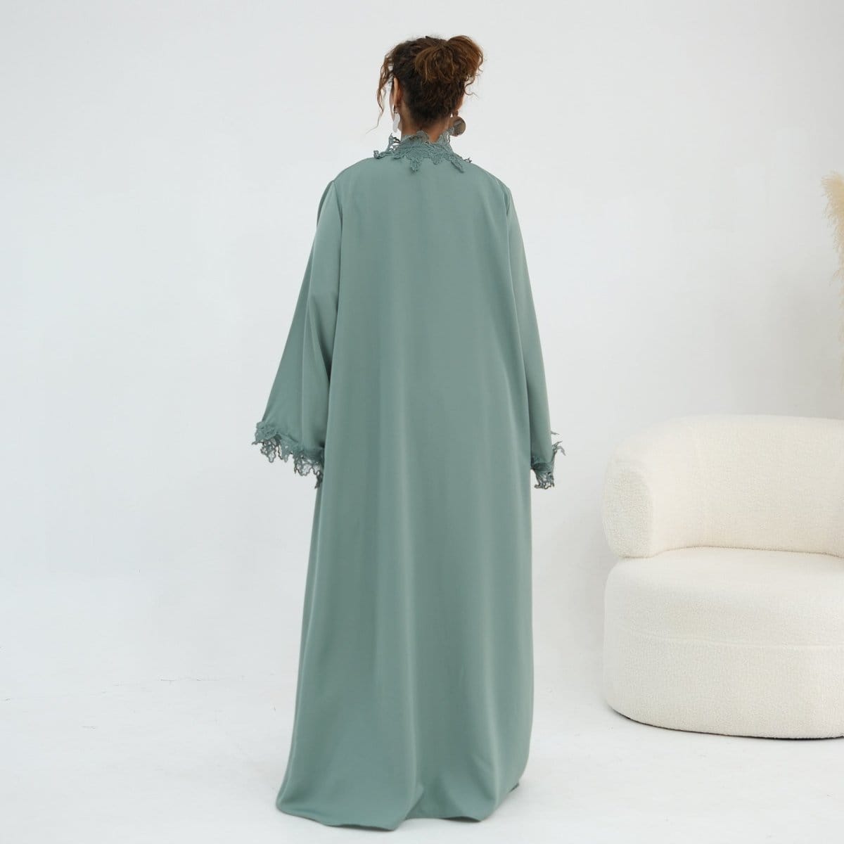 Floral Lace Trim Open Abaya & Sleeveless Inner Dress Set(MOA312) - A-1 Thread Vault