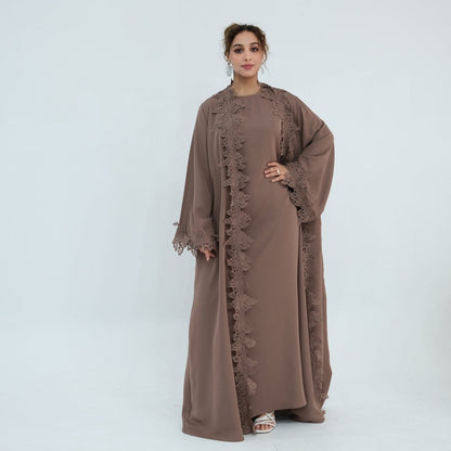 Floral Lace Trim Open Abaya & Sleeveless Inner Dress Set(MOA312) - A-1 Thread Vault