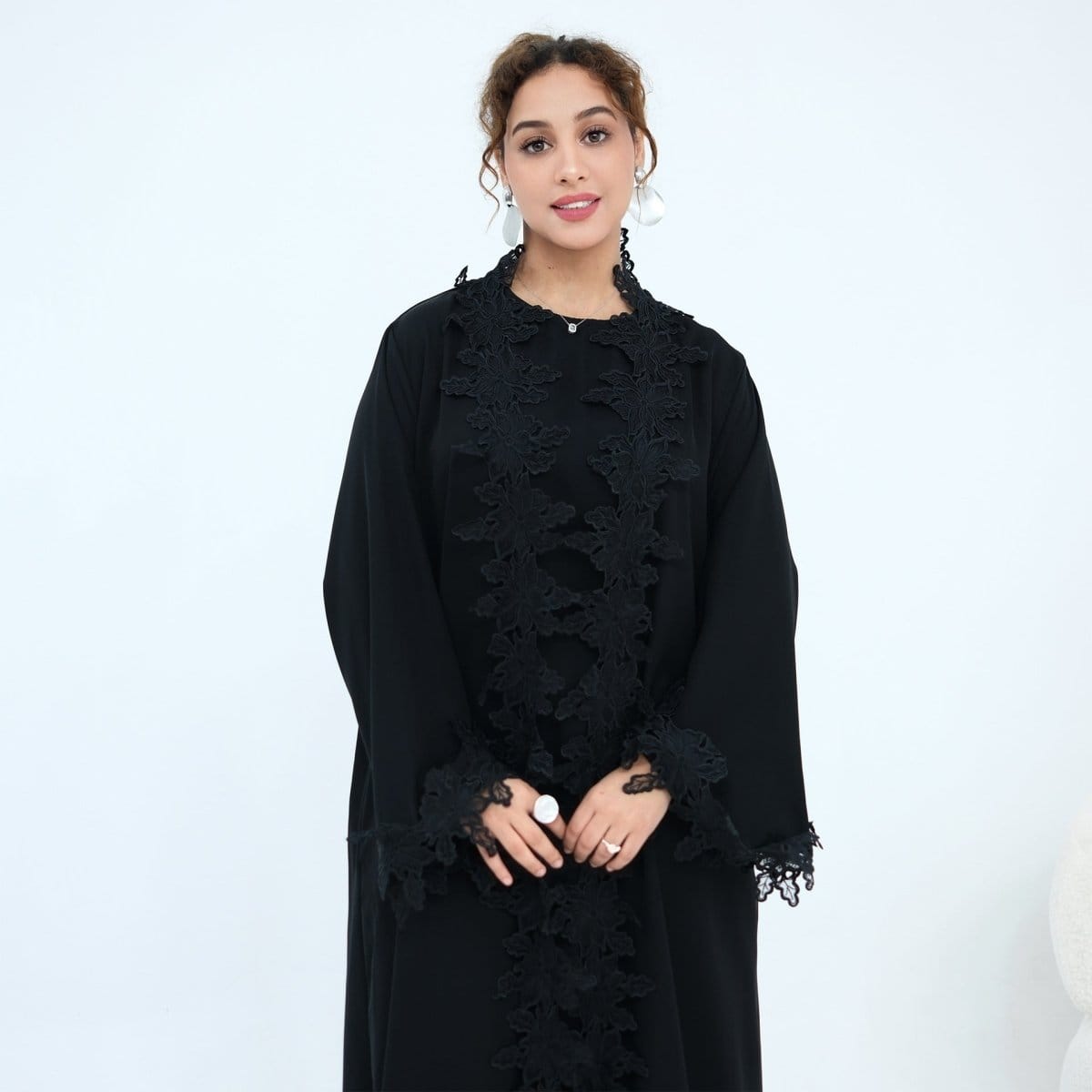 Floral Lace Trim Open Abaya & Sleeveless Inner Dress Set(MOA312) - A-1 Thread Vault