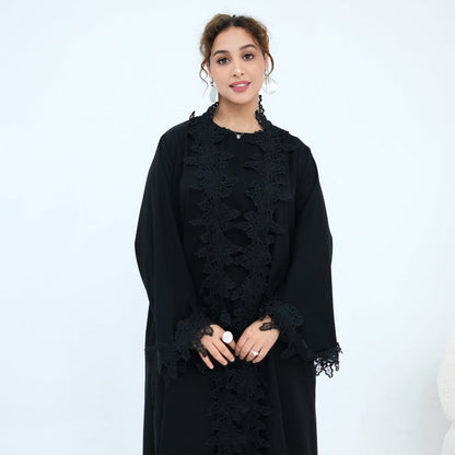 Floral Lace Trim Open Abaya & Sleeveless Inner Dress Set(MOA312) - A-1 Thread Vault