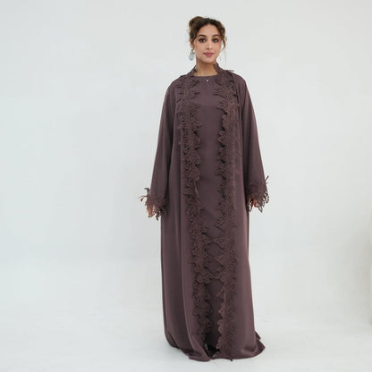 Floral Lace Trim Open Abaya & Sleeveless Inner Dress Set(MOA312) - A-1 Thread Vault