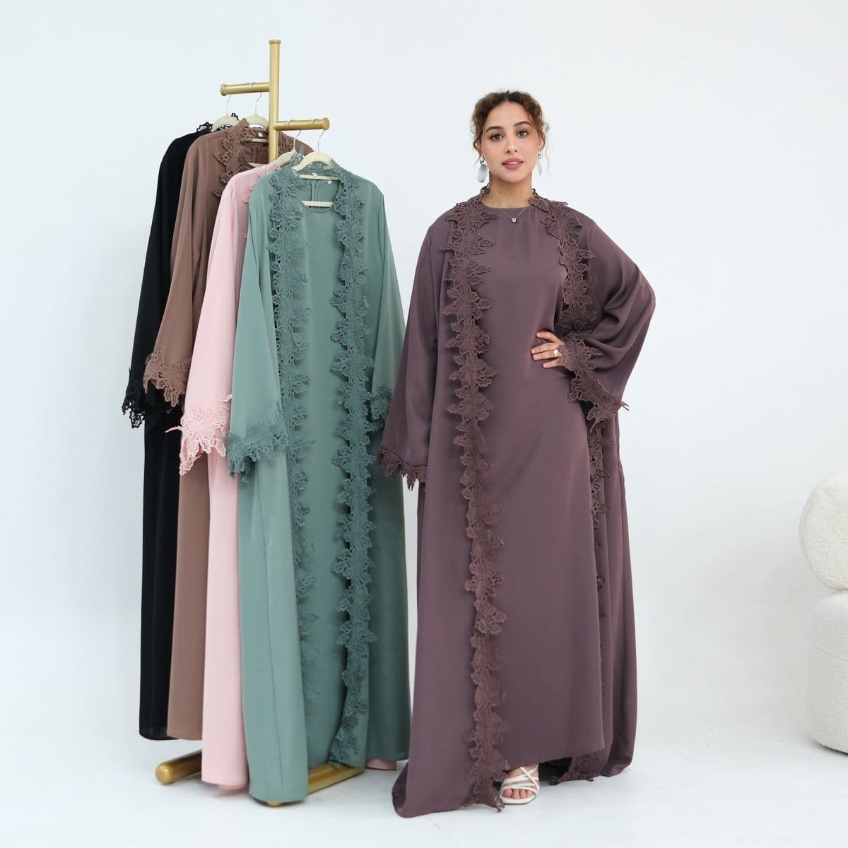 Floral Lace Trim Open Abaya & Sleeveless Inner Dress Set(MOA312) - A-1 Thread Vault