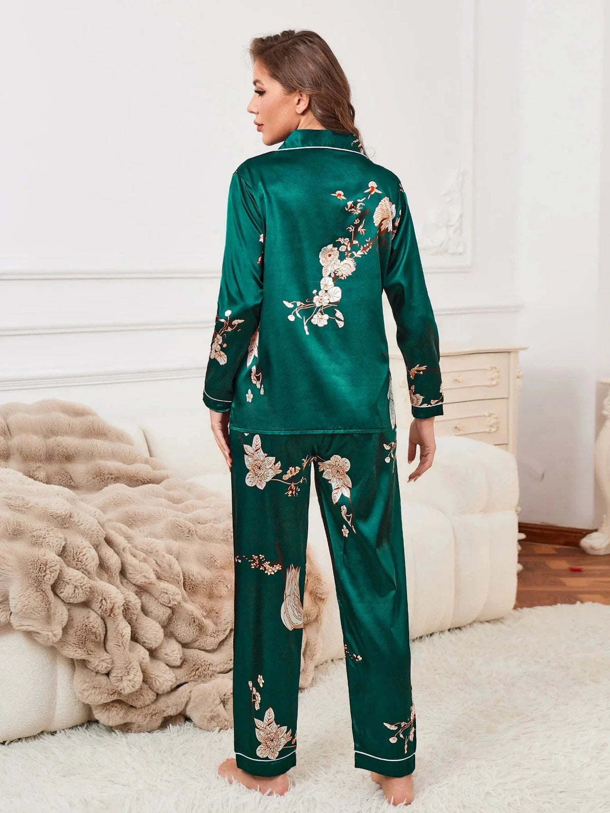 Floral Print Contrast Piping Satin Pajama Set,Women's Sleepwear & Loungewear Button Up Lapel Top & Pants Pj Set - A-1 Thread Vault