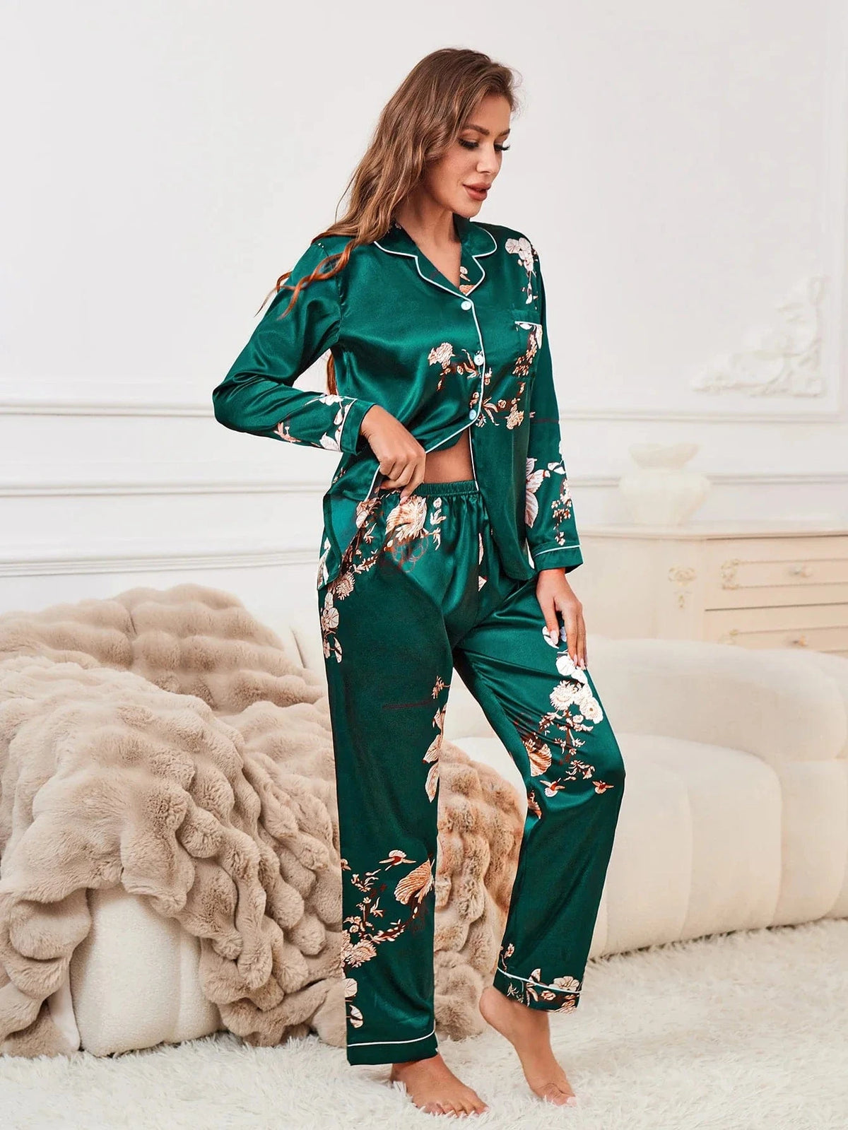 Floral Print Contrast Piping Satin Pajama Set,Women's Sleepwear & Loungewear Button Up Lapel Top & Pants Pj Set - A-1 Thread Vault