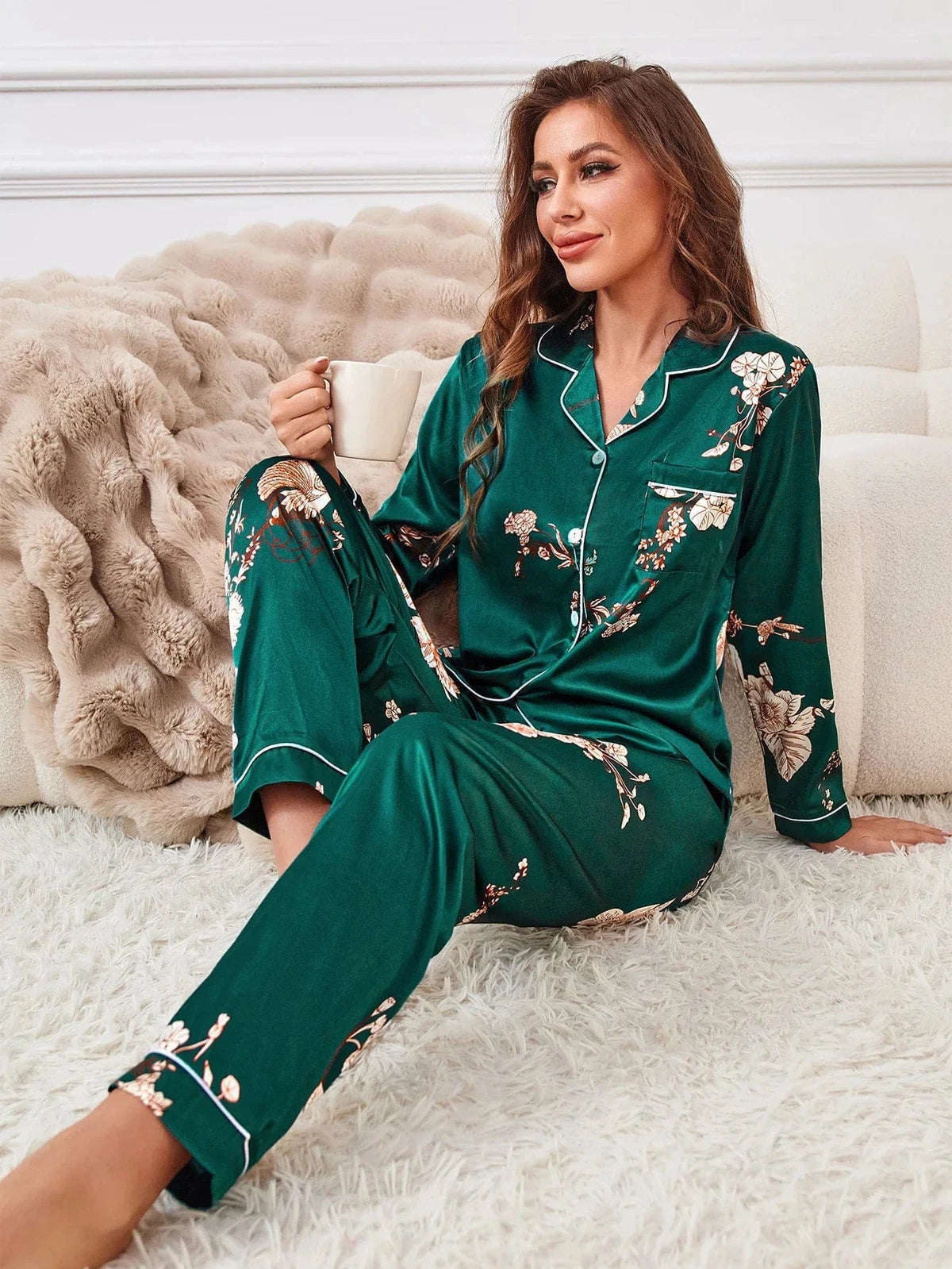 Floral Print Contrast Piping Satin Pajama Set,Women's Sleepwear & Loungewear Button Up Lapel Top & Pants Pj Set - A-1 Thread Vault