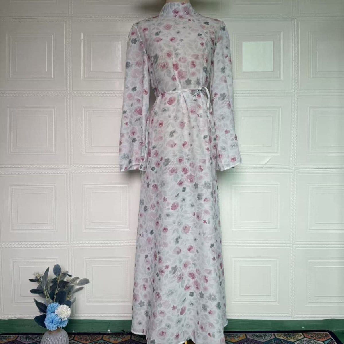 Floral Print Flared-Sleeve Waist Belt Maxi Dress(MS482) - A-1 Thread Vault