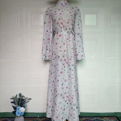 Floral Print Flared-Sleeve Waist Belt Maxi Dress(MS482) - A-1 Thread Vault