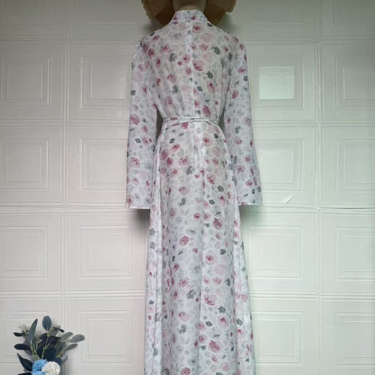 Floral Print Flared-Sleeve Waist Belt Maxi Dress(MS482) - A-1 Thread Vault