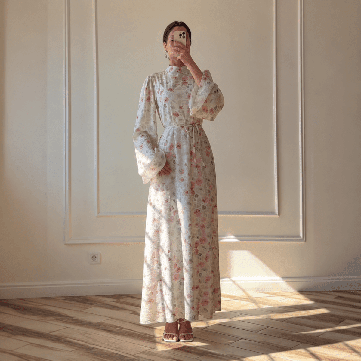 Floral Print Flared-Sleeve Waist Belt Maxi Dress(MS482) - A-1 Thread Vault