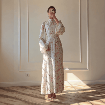 Floral Print Flared-Sleeve Waist Belt Maxi Dress(MS482) - A-1 Thread Vault