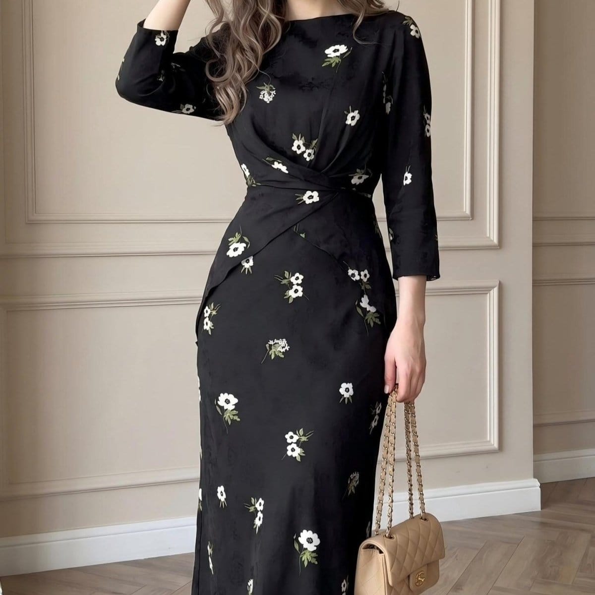 Floral Print Twist-Front Midi Dress(MS463) - A-1 Thread Vault