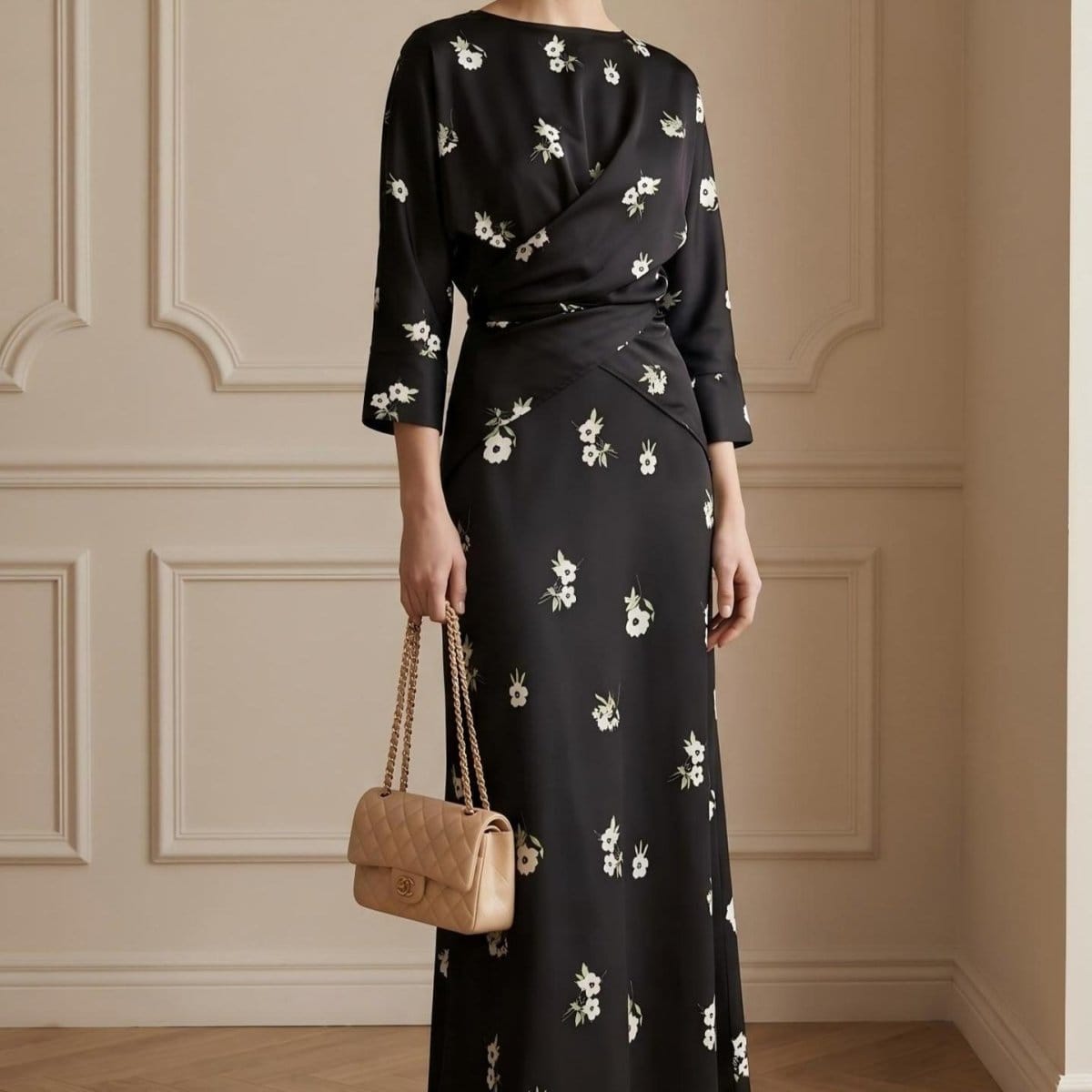 Floral Print Twist-Front Midi Dress(MS463) - A-1 Thread Vault