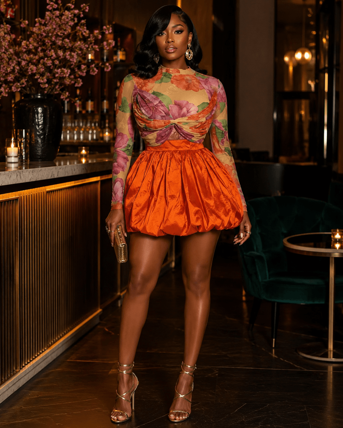 Floral Twist-Front Crop Top & Bubble Mini Skirt Set - A-1 Thread Vault