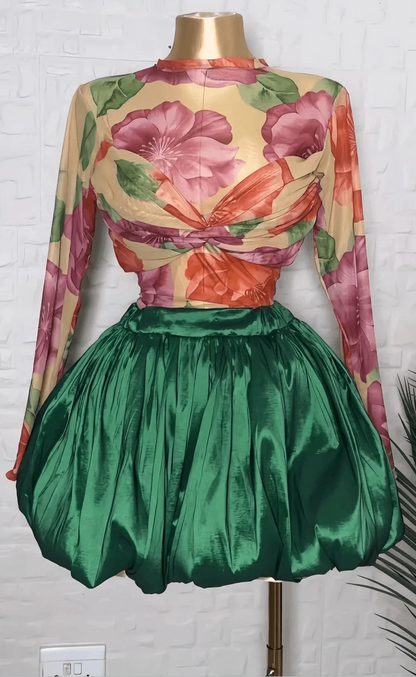 Floral Twist-Front Crop Top & Bubble Mini Skirt Set - A-1 Thread Vault