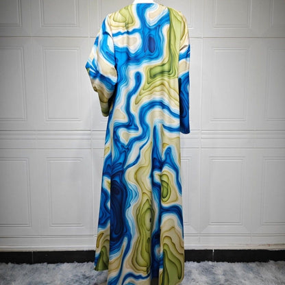 Fluid Topographic Print Open Abaya & Matching Hijab Set(MOA331) - A-1 Thread Vault