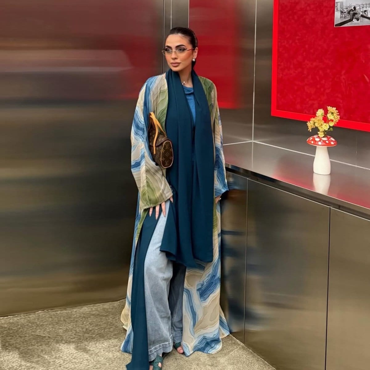 Fluid Topographic Print Open Abaya & Matching Hijab Set(MOA331) - A-1 Thread Vault