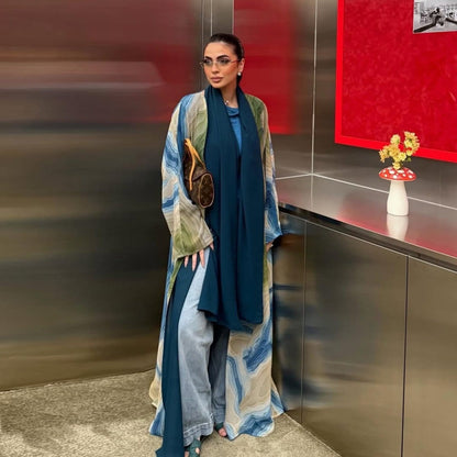 Fluid Topographic Print Open Abaya & Matching Hijab Set(MOA331) - A-1 Thread Vault