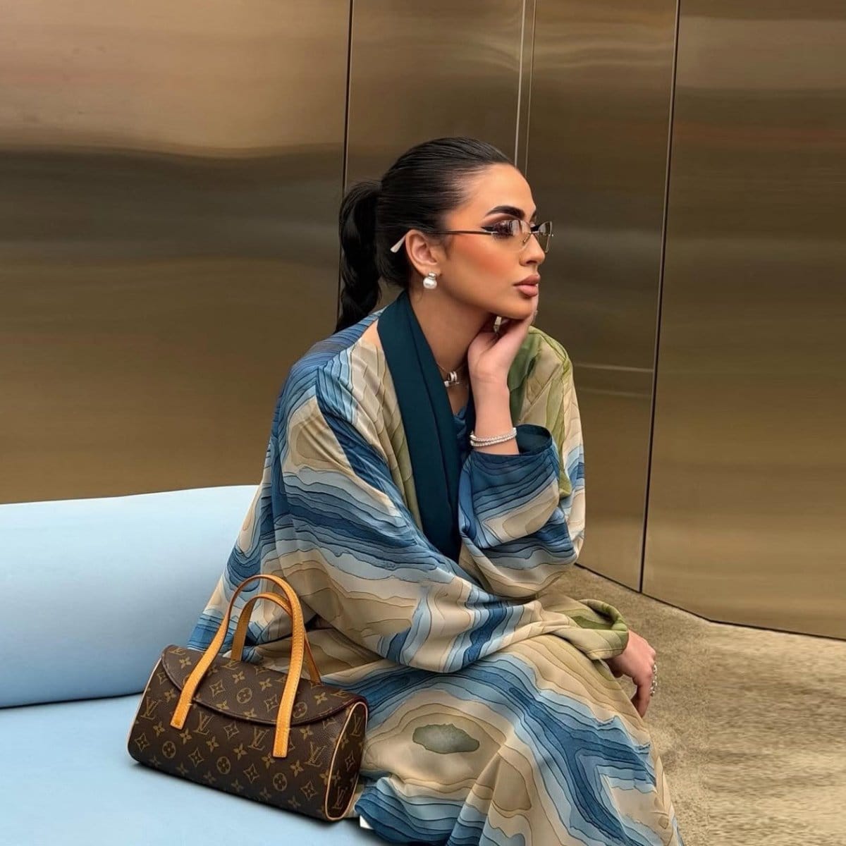 Fluid Topographic Print Open Abaya & Matching Hijab Set(MOA331) - A-1 Thread Vault