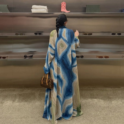 Fluid Topographic Print Open Abaya & Matching Hijab Set(MOA331) - A-1 Thread Vault