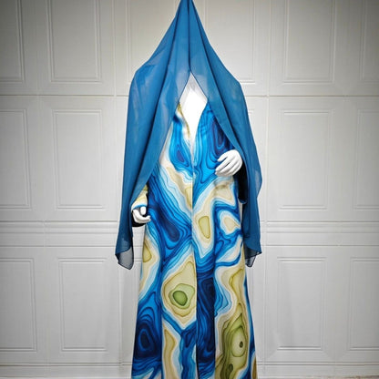 Fluid Topographic Print Open Abaya & Matching Hijab Set(MOA331) - A-1 Thread Vault