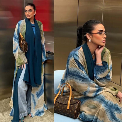 Fluid Topographic Print Open Abaya & Matching Hijab Set(MOA331) - A-1 Thread Vault