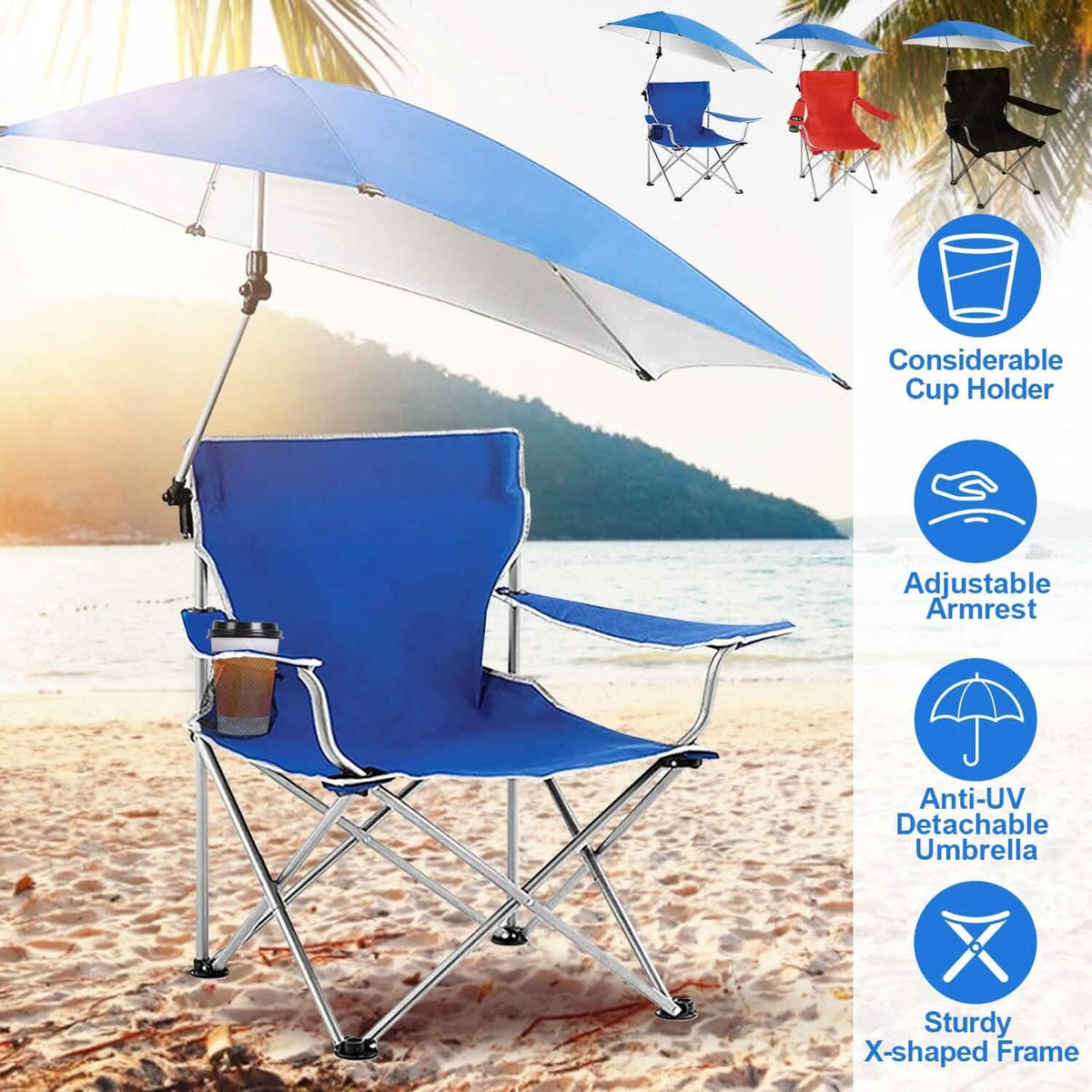Foldable Beach Chair with Detachable Armrest Adjustable Canopy Stool with Cup Holder - A-1 Thread Vault