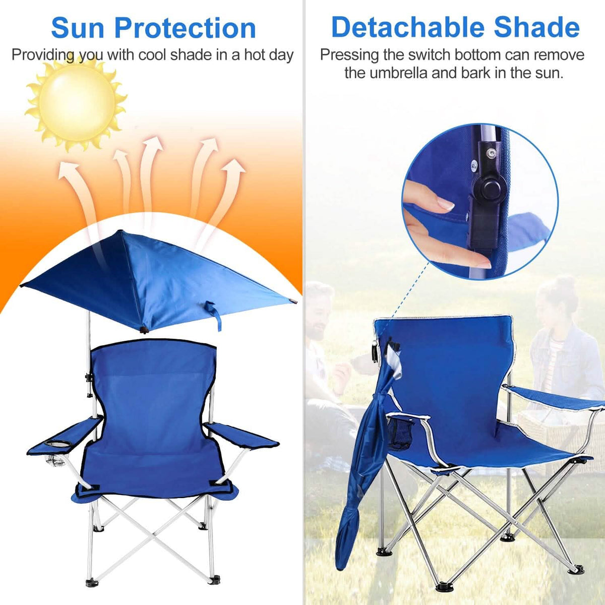 Foldable Beach Chair with Detachable Armrest Adjustable Canopy Stool with Cup Holder - A-1 Thread Vault