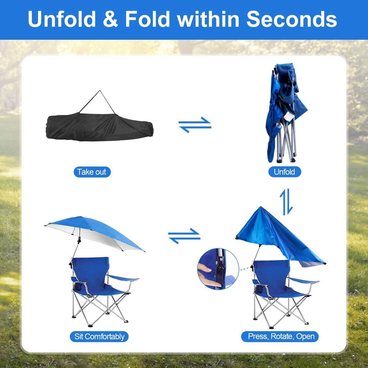 Foldable Beach Chair with Detachable Armrest Adjustable Canopy Stool with Cup Holder - A-1 Thread Vault
