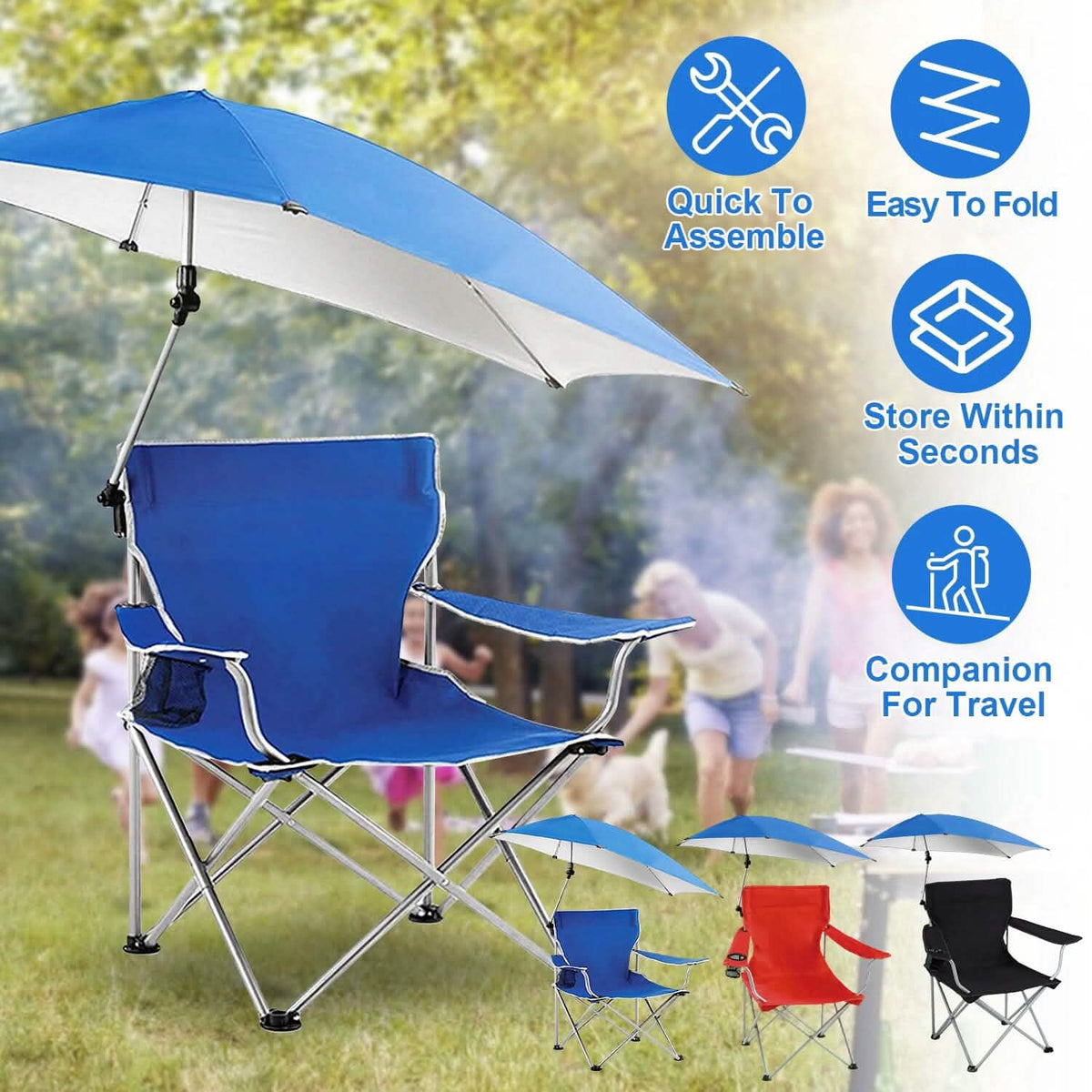 Foldable Beach Chair with Detachable Armrest Adjustable Canopy Stool with Cup Holder - A-1 Thread Vault