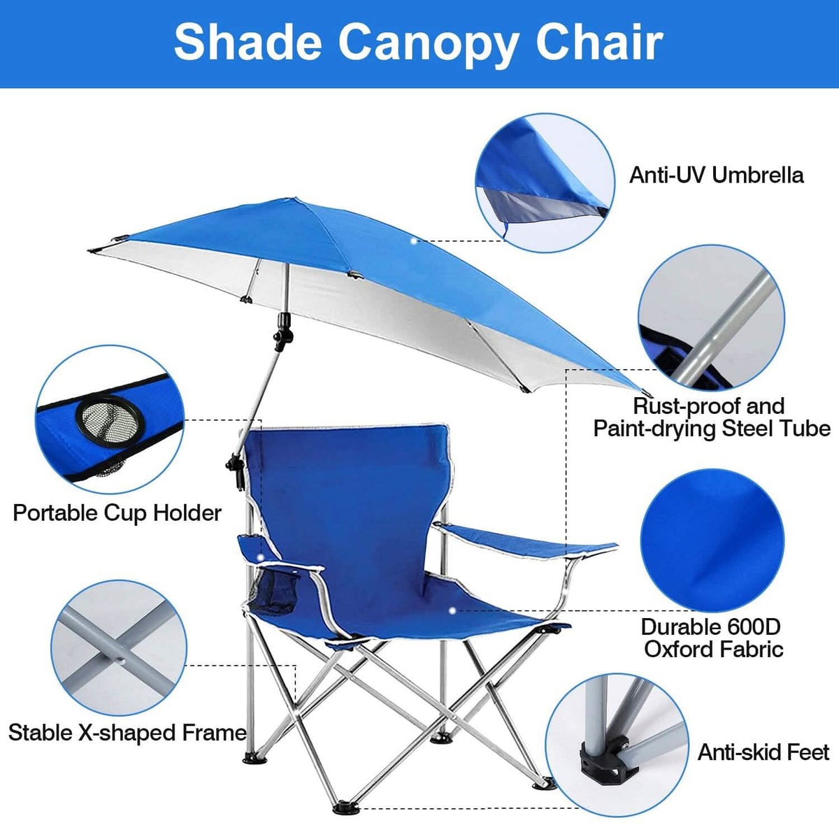 Foldable Beach Chair with Detachable Armrest Adjustable Canopy Stool with Cup Holder - A-1 Thread Vault