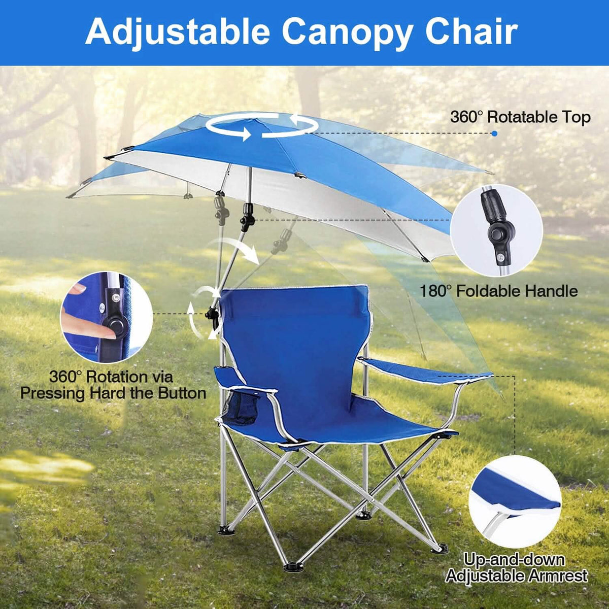 Foldable Beach Chair with Detachable Armrest Adjustable Canopy Stool with Cup Holder - A-1 Thread Vault