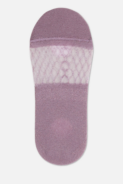 A mauve-colored no-show sock features a solid toe and heel section with a decorative sheer mesh panel across the instep.
