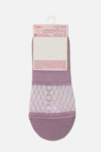 A pair of purple low-cut socks with a textured diamond pattern and solid heel and toe sections, displayed on a cardboard hanger.