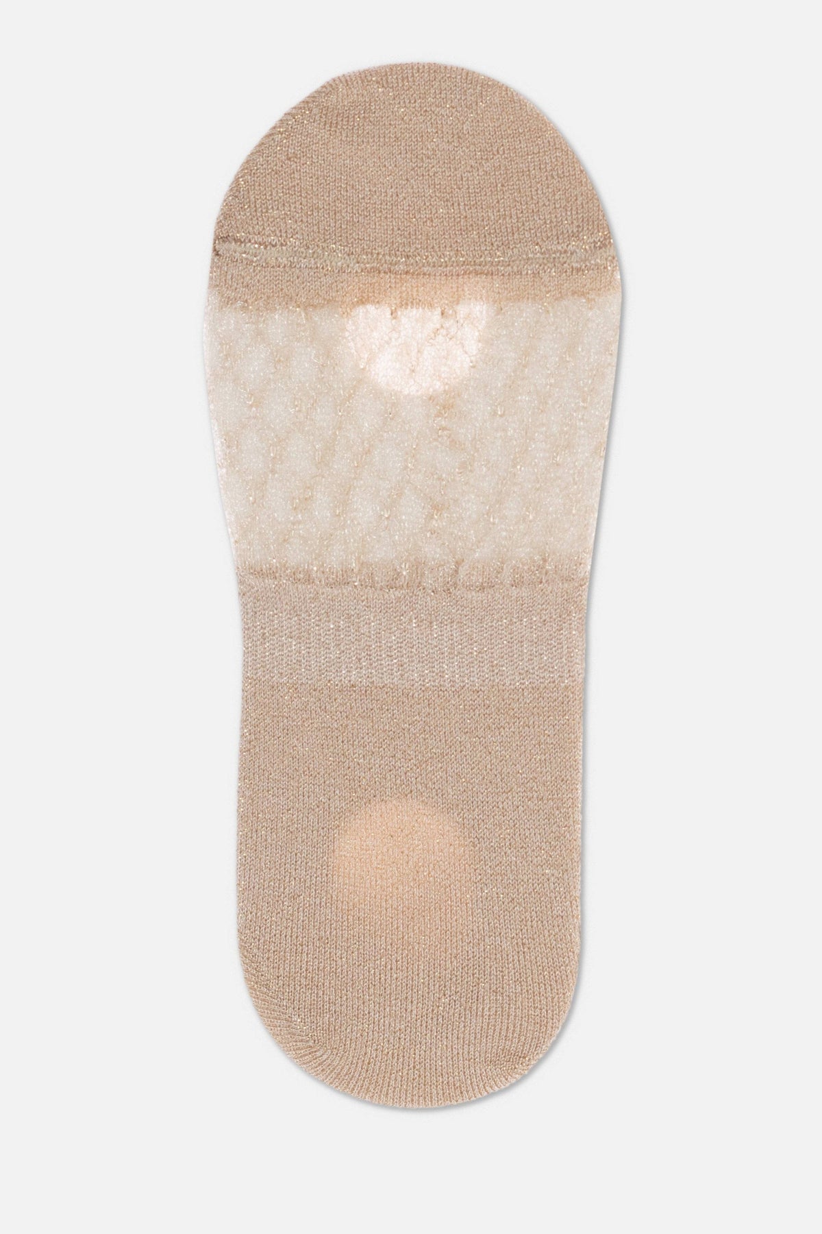 A beige, low-cut, slip-on liner sock with a sheer, textured mesh pattern across the top of the foot and a solid heel patch.