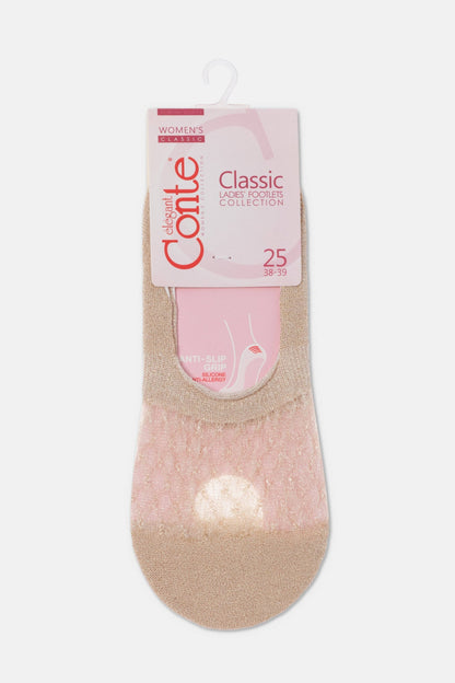 A beige and shimmering light pink low-cut footlet sock hanging from a branded cardboard display tag.