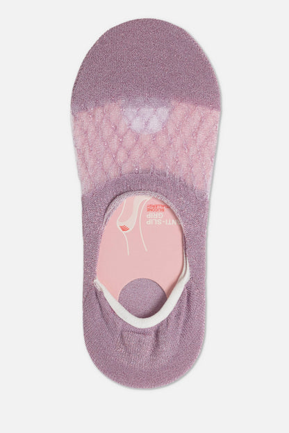 A mauve-colored, low-cut liner sock with a sheer textured mesh front and a solid heel, featuring a visible interior tag that indicates an anti-slip silicone grip.