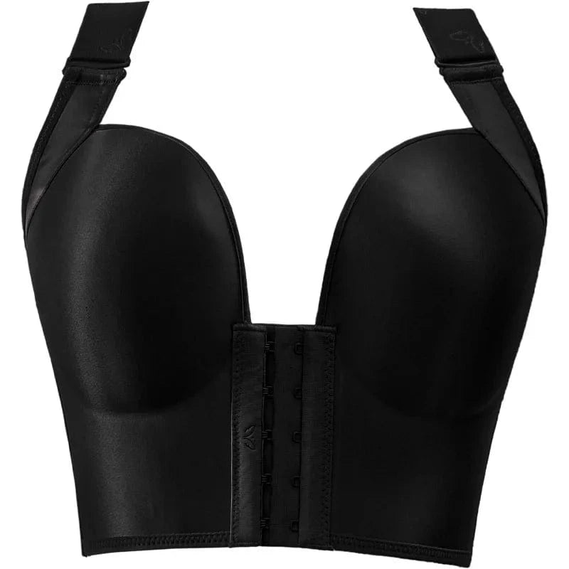 A black strapless longline bra features a deep plunge center front with a hook-and-eye closure and removable shoulder straps.