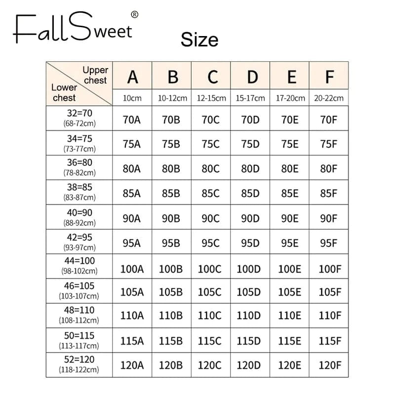 A bra size chart displays columns labeled A through F with corresponding upper chest measurements and rows for lower chest sizes ranging from 32-70 to 52-120.