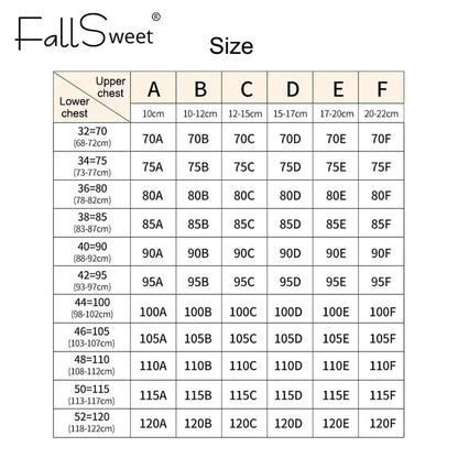 A bra size chart displays columns labeled A through F with corresponding upper chest measurements and rows for lower chest sizes ranging from 32-70 to 52-120.