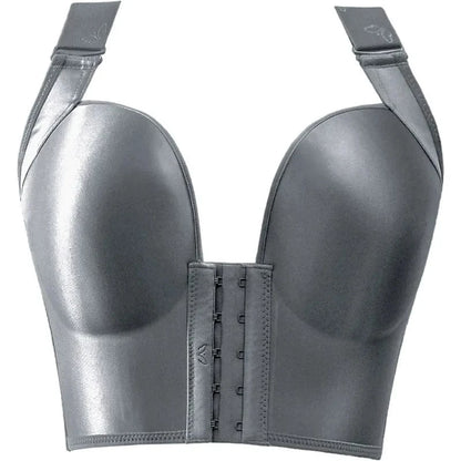 A grey strapless corset-style bra with a front hook-and-eye closure and detachable shoulder straps.
