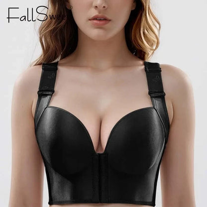A black plunge-style bra with wide, adjustable shoulder straps and a front closure.