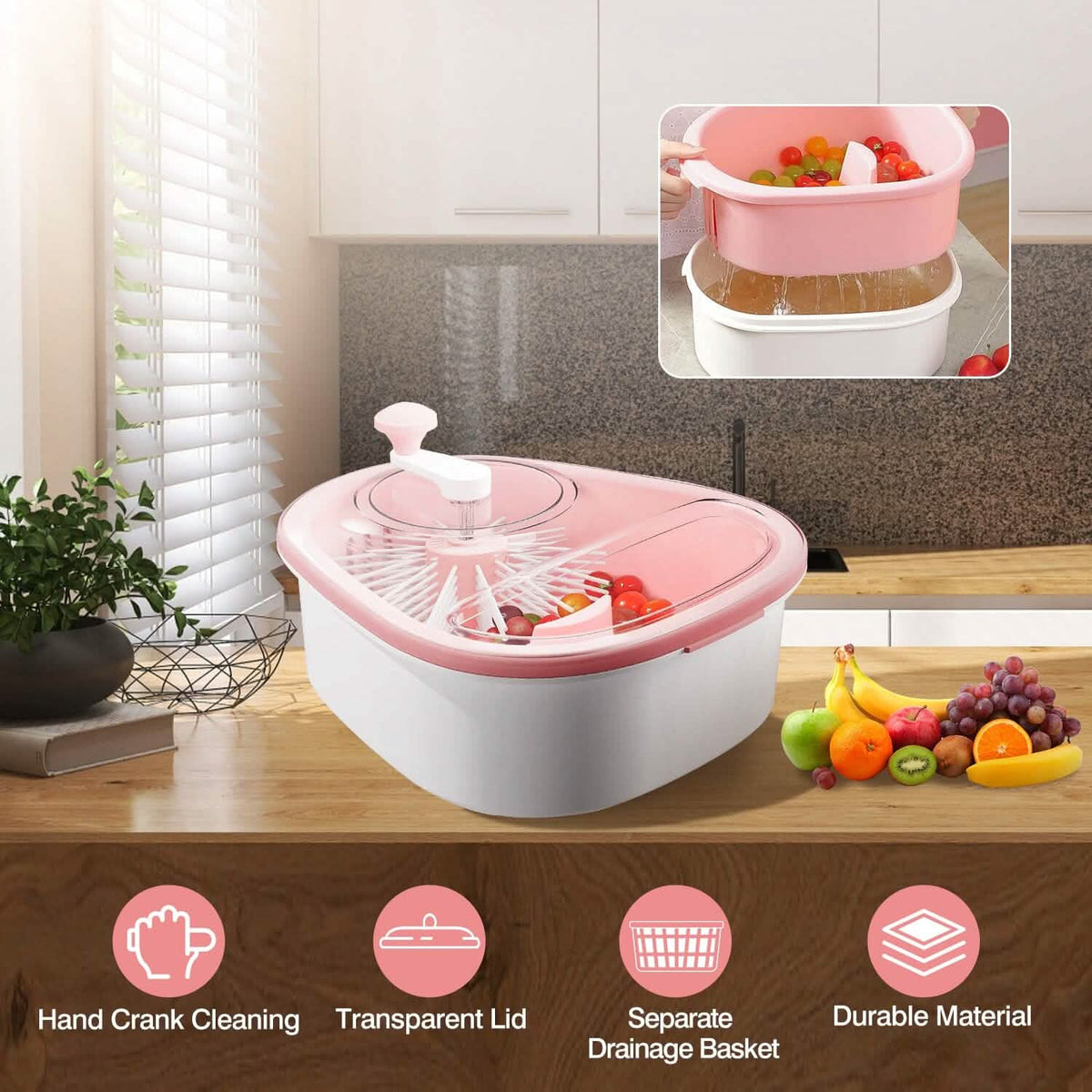 Fruit, Vegetable Manual Washing Spinner with Brush Hand Crank - A-1 Thread Vault