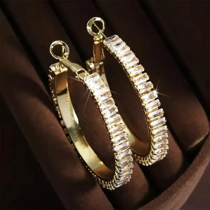 Full Rectangular Shiny Synthetic Zirconia Decorative Hoop Earrings - A-1 Thread Vault