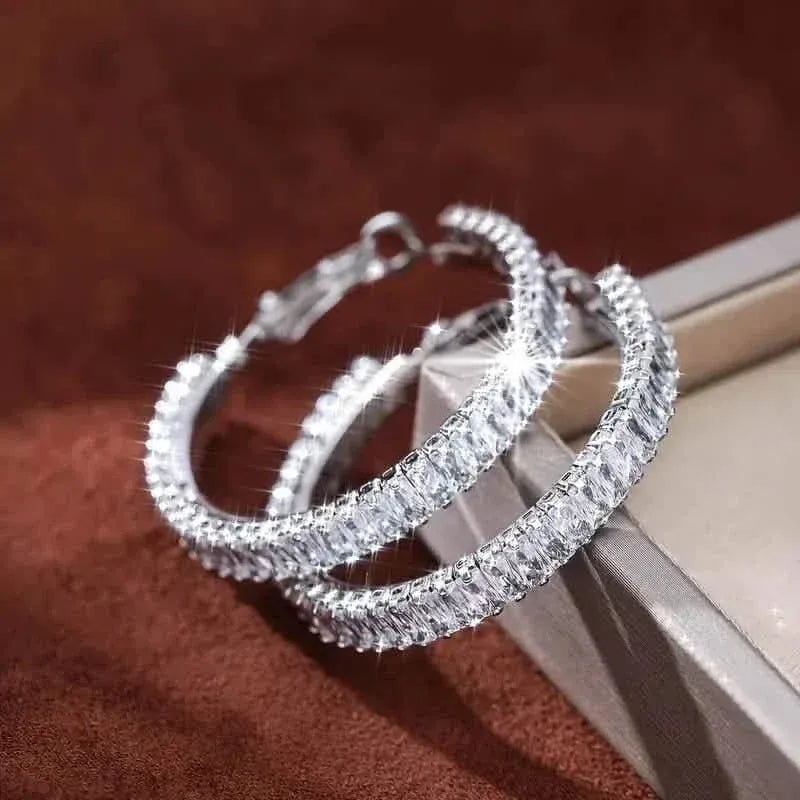 Full Rectangular Shiny Synthetic Zirconia Decorative Hoop Earrings - A-1 Thread Vault