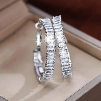 Full Rectangular Shiny Synthetic Zirconia Decorative Hoop Earrings - A-1 Thread Vault