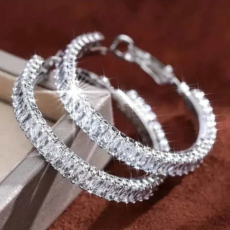 Full Rectangular Shiny Synthetic Zirconia Decorative Hoop Earrings - A-1 Thread Vault
